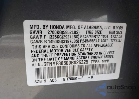 2009 Honda Pilot Ex-L from USA, damaged, VIN 5FNYF38509B026325